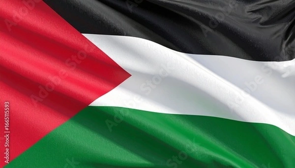 Fototapeta Palestinian flag with black, white, and green stripes and red triangle on light folds