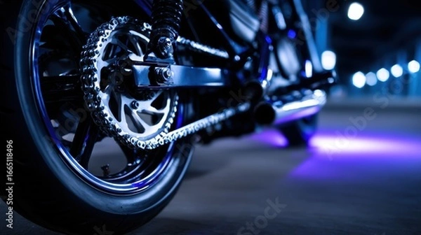 Fototapeta Close-up view of a motorcycle wheel and chain in a dimly lit parking garage with blue lighting effects