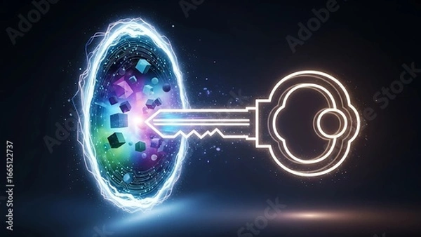 Fototapeta A futuristic key unlocks a glowing, colorful portal, symbolizing secure digital access and the gateway to cyberspace.