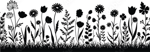 Fototapeta Black Silhouette Vector Illustration of a Wildflower Meadow Border, Featuring Assorted Grasses, Foliage, and Various Spring and Summer Blooming Flowers as a Nature Design Element.