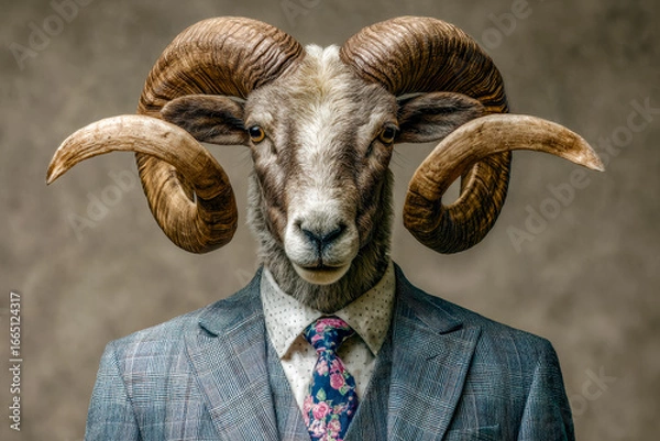 Fototapeta Anthropomorphic ram dressed in a business suit with a floral tie against a neutral background