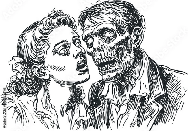 Fototapeta Woman looking shocked at a decaying, monstrous figure in a dramatic sketch