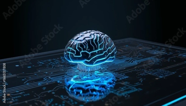 Fototapeta A futuristic business technology concept featuring a metallic AI brain with glowing circuits on a digital desk with holographic data, innovation and automation theme, Generative AI