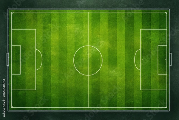 Obraz Soccer field. Football stadium. Vertical background of green grass painted with line. Sport play. Overhead view. Pitch green. Ground pattern texture. Playground top plan. Fotball court. 
