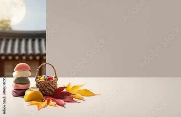 Fototapeta 추석 전통 분위기와 풍성한 명절 장식 배경