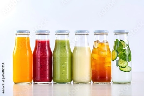 Fototapeta Assortment of colorful healthy juices and infused water in glass bottles