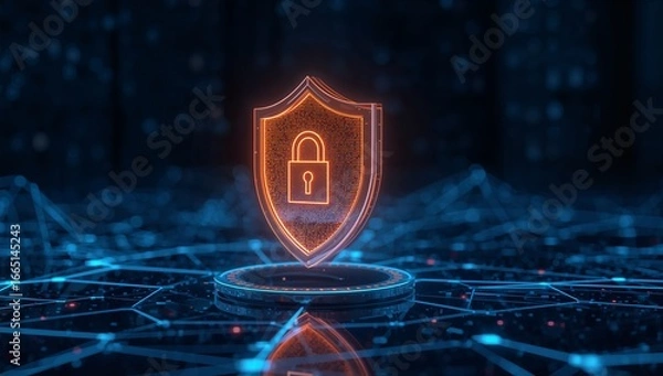 Fototapeta A high-resolution cybersecurity business concept with a glowing digital shield and padlock symbol over futuristic binary code network background, Generative AI