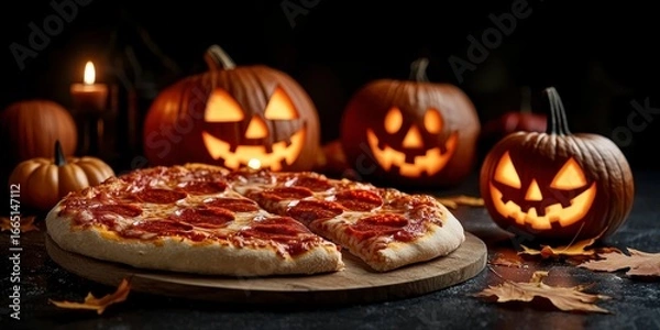 Fototapeta Delicious pepperoni pizza with spooky halloween jack. Savory spiced flatbread pie frightful autumn gourd holiday treat tasty snack october scary festive cuisine cooked baked