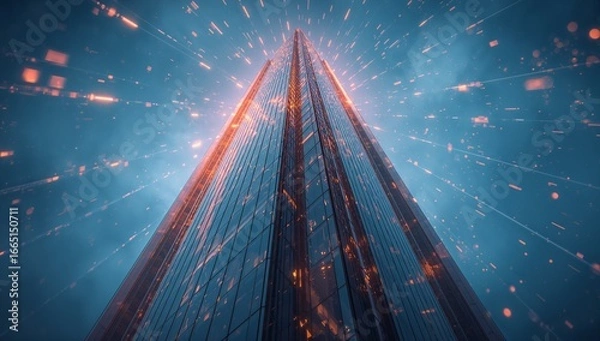 Fototapeta A high-resolution futuristic business architecture concept featuring a glass skyscraper with glowing digital lines symbolizing corporate growth, Generative AI