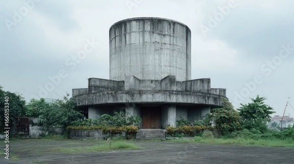 Fototapeta Gray concrete structure, overgrown grounds
