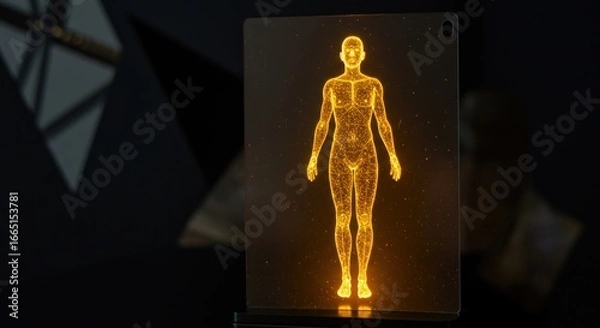 Fototapeta Holographic representation of a human body, glowing orange, displayed on a transparent screen against a dark, futuristic background.