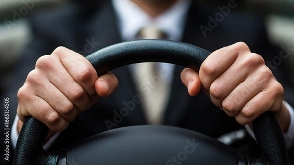 Fototapeta A focused businessman, dressed in a suit, grips the steering wheel tightly, portraying determination and readiness to drive.