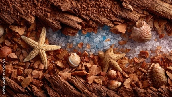 Obraz Seashells, starfish, and salt on wood chips