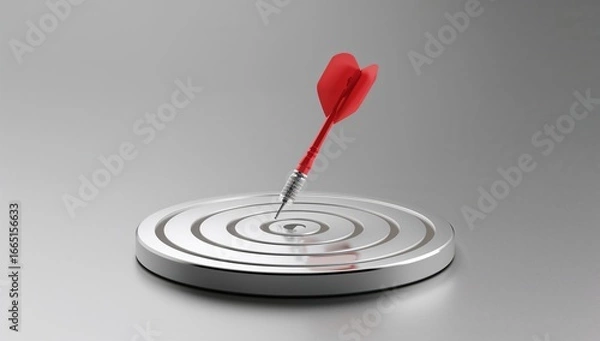 Fototapeta A business concept featuring a red dart hitting the center of a silver target board symbolizing accuracy, achievement, and successful goal completion, Generative AI