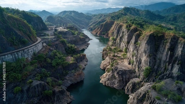 Obraz Mountainous river valley with dam