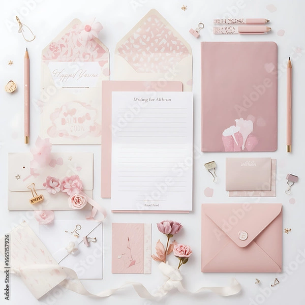 Fototapeta The Pastel Pink Stationery Set is available in a flat lay format.