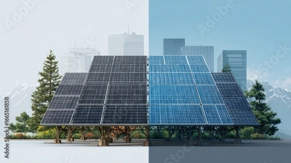 Obraz Solar panels on city backdrop