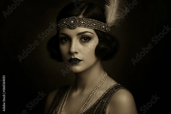 Fototapeta 1920s flapper woman portrait with bob haircut and feather headband