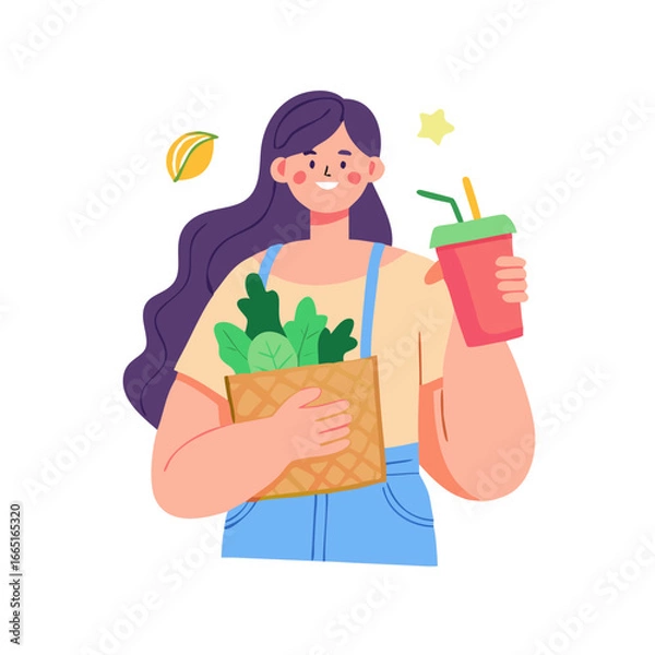 Fototapeta Woman holds reusable cup and eco bag with fresh food. Cute girl is Shopping without waste. Vector illustration ,vector icon
