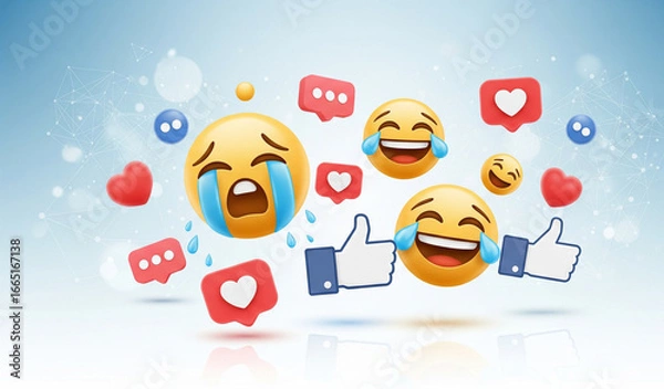 Obraz 3d Social Media Communication Emojis Crying Laughing Smiling Thumbs Up Like And Hearts Icons Background High-Res Vector Graphic