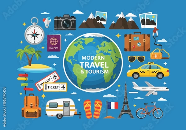 Fototapeta Modern travel and tourism montage with a globe at the center, surrounded by various travel elements and landmarks