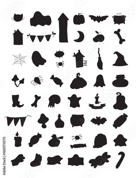 Fototapeta Halloween design black silhouettes for your design. Stickerpack. Pumpkin, Skull, Ghost, Gravestone, Spider, Candy, Broom, Hat, Eye, Potion, Bone, and more. Halloween labels, icons and objects. Happy h