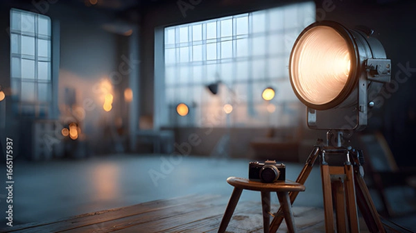 Fototapeta Vintage style photography illuminated studio spotlight on a tripod with low camera on the rustic tabletop. Film director studio with directional tripod lights. Studio lights blurred background 