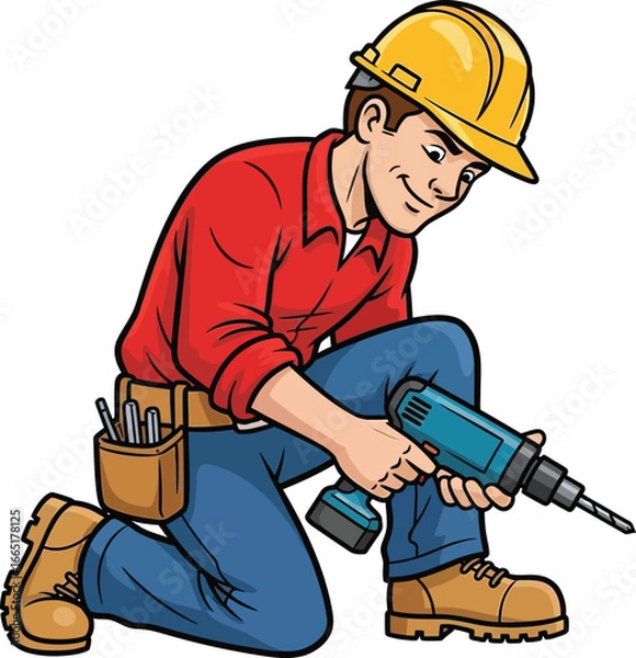 Fototapeta Construction worker in hard hat using a power drill on knees vector