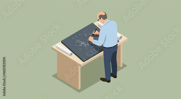 Fototapeta Isometric view of man drawing blueprint at table. Plain background. Concepts