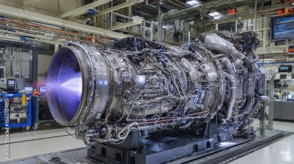 Fototapeta A detailed view of a high-performance jet engine is prominently displayed in a modern manufacturing facility, illustrating complex engineering and design