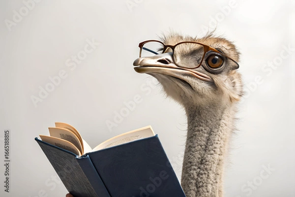 Fototapeta A funny and intelligent ostrich wearing reading glasses is deeply focused on a book. This humorous and quirky portrait captures a concept of animal wisdom and education.
Generative Ai.