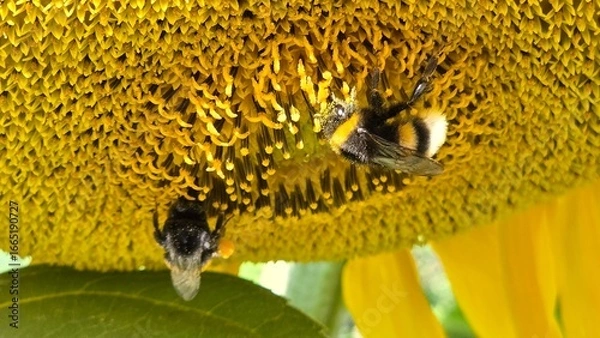 Fototapeta bee on sunflower A busy bee, covered in pollen, on a sunflower head. An excellent detail shot, showing the work of insects.