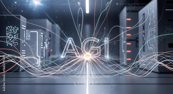 Fototapeta Futuristic concept of AGI with glowing data streams in server room, Artificial General Intelligence illustration