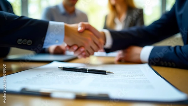 Fototapeta High-resolution close-up of two businesspeople shaking hands over a signed contract, symbolizing a successful partnership and agreement