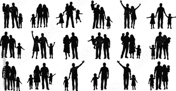 Fototapeta PrintBlack silhouette vector collection of diverse family groups with parents and children in various poses for design, parenting, love, unity, and lifestyle themes