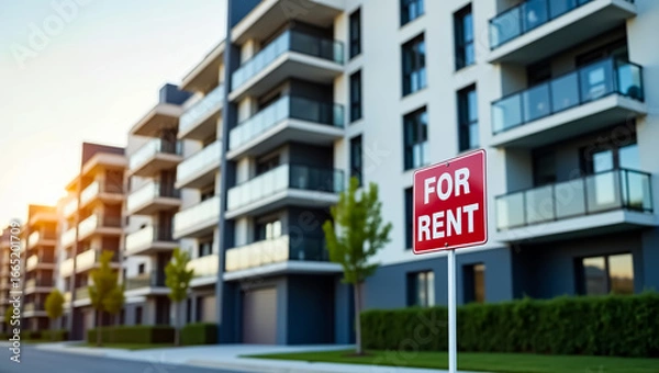 Fototapeta A prominent red 'For Rent' sign stands before a new modern apartment building complex at golden hour, symbolizing the housing and rental property market