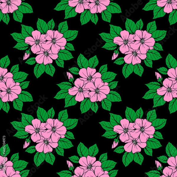 Fototapeta seamless pattern of large pink flowers on a black background, texture, design