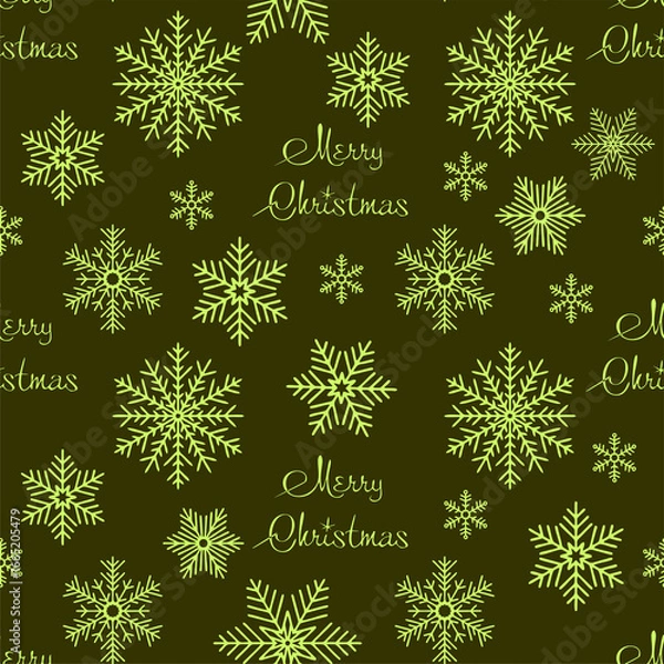 Fototapeta simple seamless Christmas pattern of green snowflakes on olive background, texture