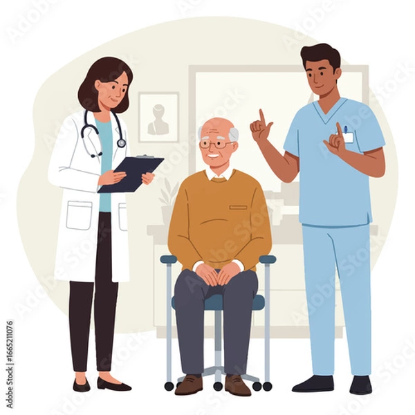 Obraz Diverse healthcare team provides inclusive patient consultation: a doctor speaks with an elderly patient as a nurse uses sign language, depicted in a modern flat vector illustration.