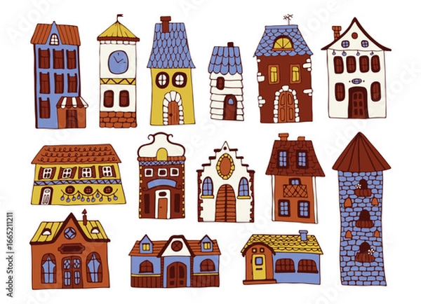 Fototapeta Set of cute fairytale cartoon houses. Building for a small town. Houses isolated on a white background. Vector illustration. Colored flat vector illustration.