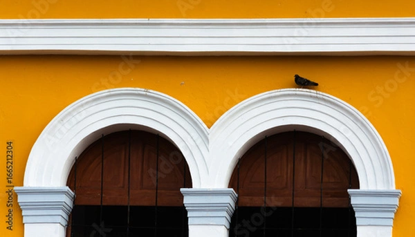 Fototapeta Una paloma descansando sobre un arco blanco en una fachada de edifico