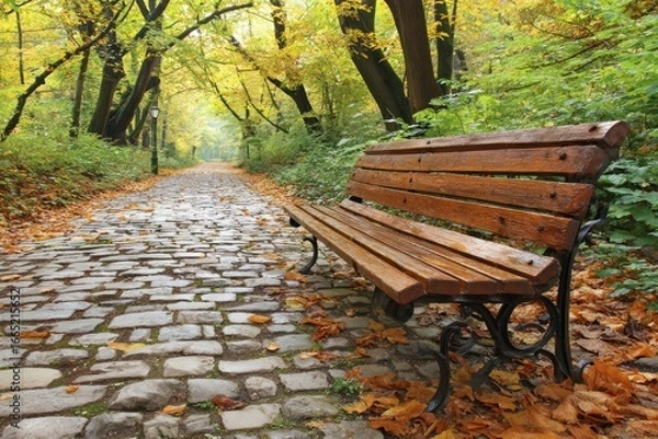 Fototapeta A park path lined with autumn leaves and a wooden bench.