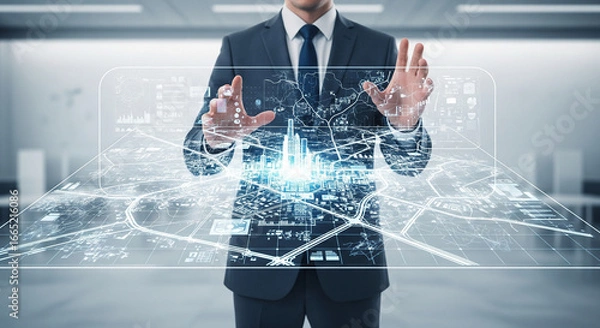 Fototapeta Businessman presenting smart city holographic grid for urban engineering. Smart City Development, Infrastructure Technology Concept