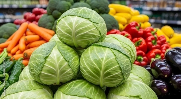 Fototapeta Closeup view of fresh green cabbage heads piled high at a grocery store
