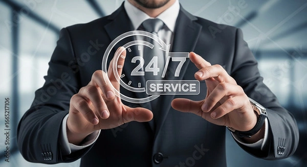 Fototapeta Businessman touching 24-7 service icon with dollar signs, symbolizing nonstop business operation, online service, passive income and financial technology in modern economy