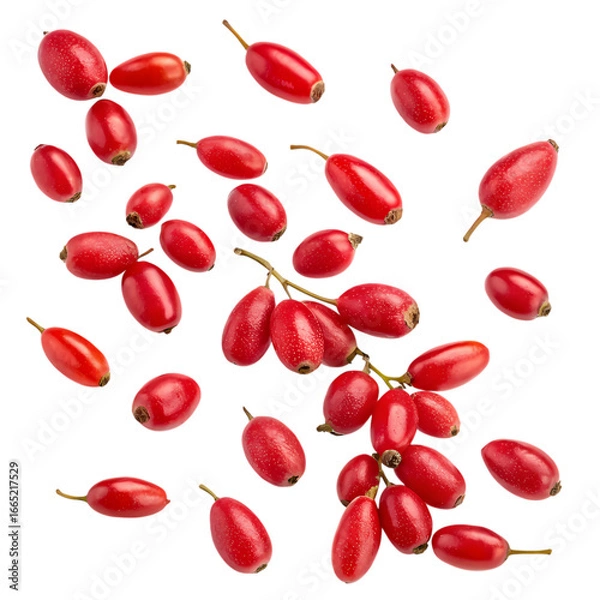 Fototapeta Scattered red barberry fruits isolated on transparent background