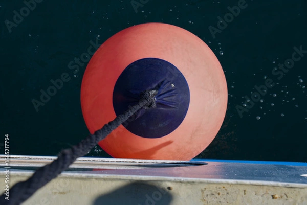 Fototapeta Blick von oben auf einen roten Fender / Kugelfender an der Bordwand eines Schiffs