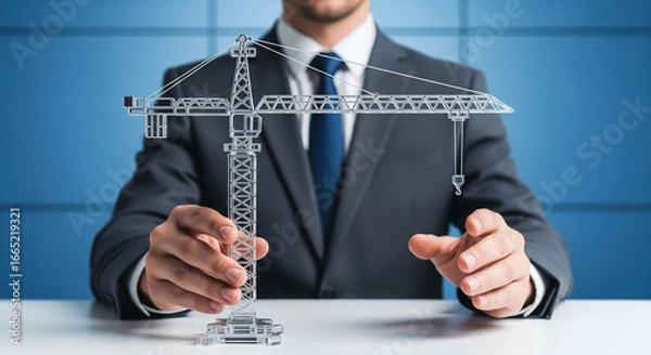 Fototapeta Businessman holding construction crane for structural engineering. Building Design, Construction Technology Concept