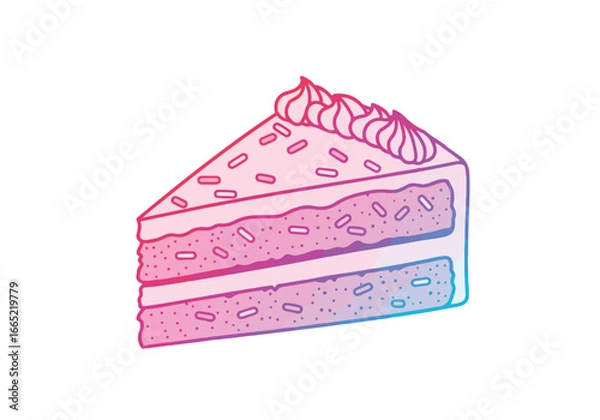 Fototapeta Colorful layered dessert slice with frosting, sprinkles on white used for invitations