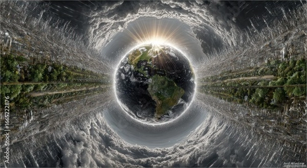 Fototapeta Earth, encompassed by storm clouds, depicted in a surreal perspective.